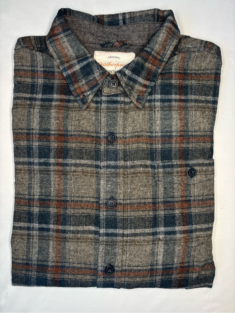 Weatherproof Vintage Men's Plaid Button-Up Flannel - Taupe Gray Blue Rust Accent